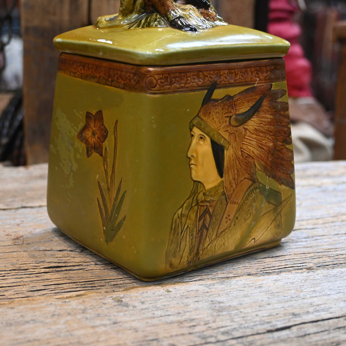 Antique Ceramic Majolina Tobacco Hunidor painted w/ Indian Chief motif