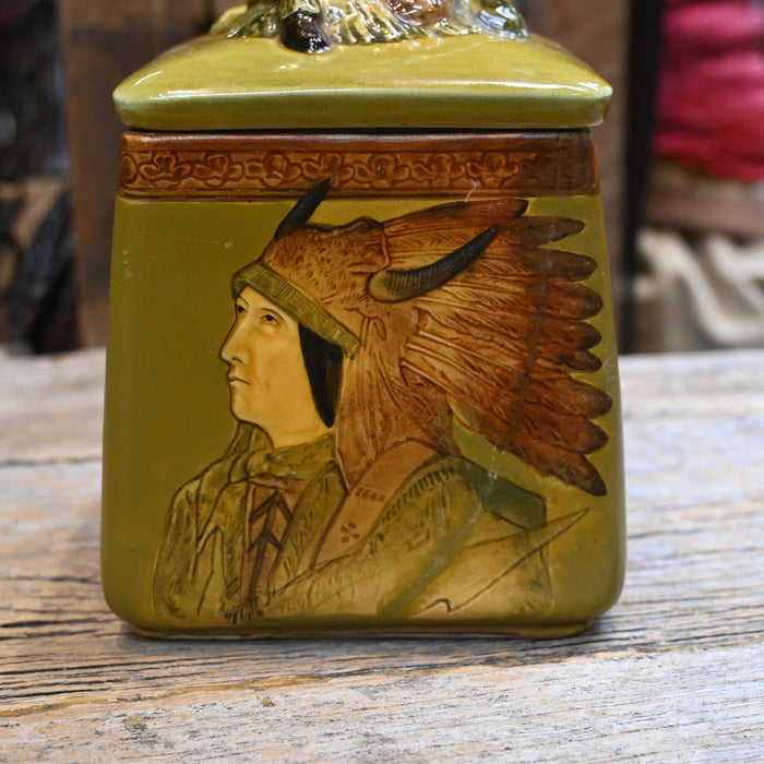 Antique Ceramic Majolina Tobacco Hunidor painted w/ Indian Chief motif