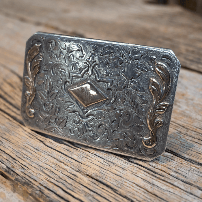 Finely Engraved Vintage Sterling Silver & 10K Gold Belt Buckle