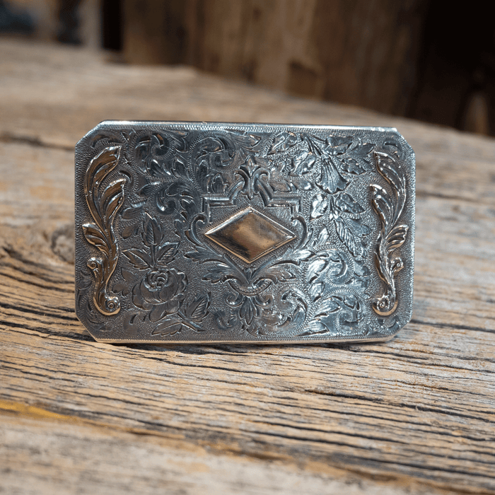 Finely Engraved Vintage Sterling Silver & 10K Gold Belt Buckle