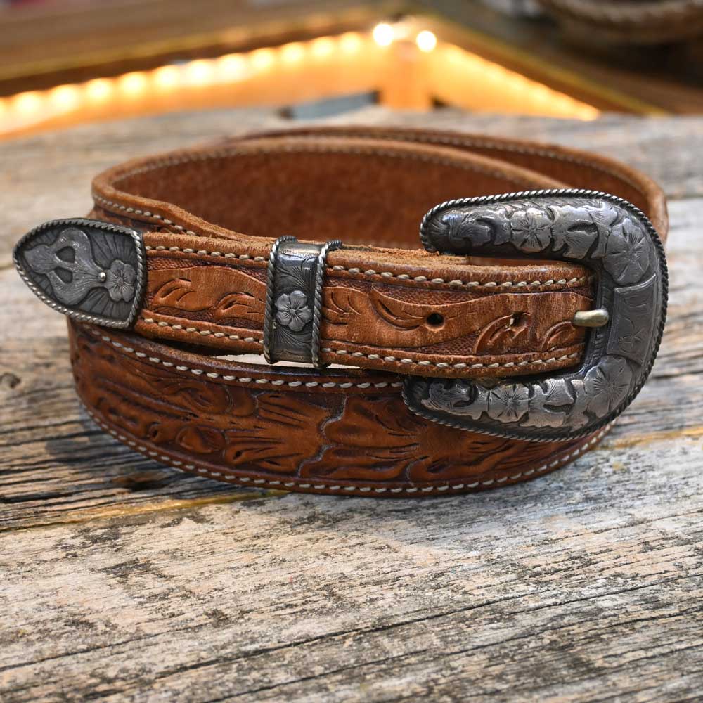 Vintage Belt - Tooled Jedlicka Belt, Santa Barbara Calif.  - Hamley Bros. Sterling Silver Buckle _CA1029