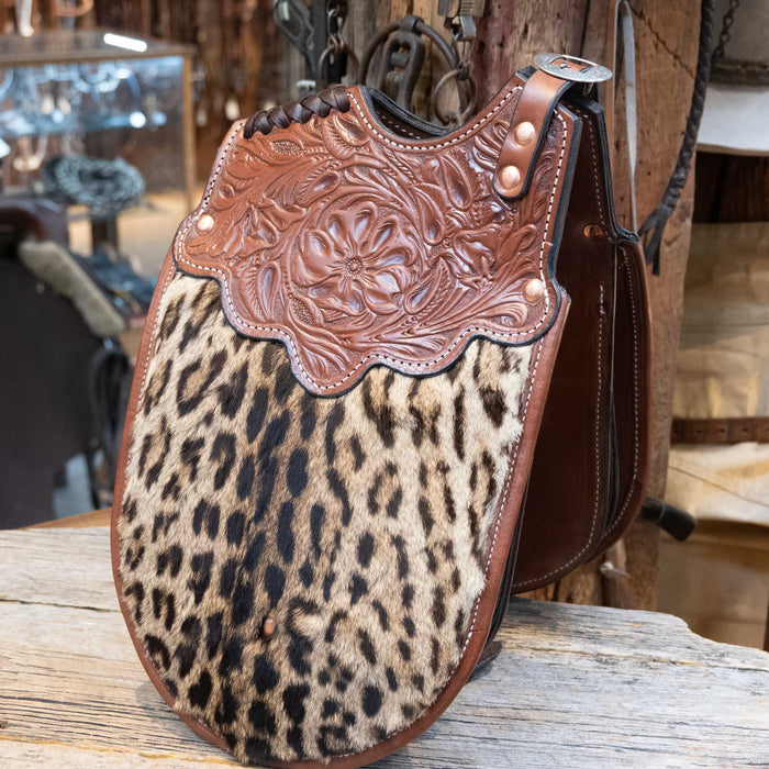 Vintage Real Leopard Hide Tooled Pommel Bags by John Clark Shakopee Minn.