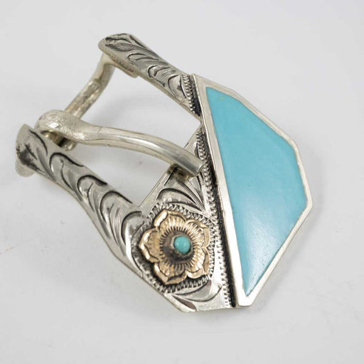 Silver Buckle With Flower And Blue Accents With Keeper Tack - Conchos & Hardware MISC   