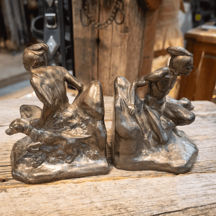 Vintage Pewter Indian Seeker w/dog Bookends