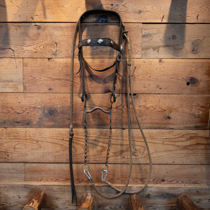 Vintage Tooled Bridle w/ Nickel plated accents & Romel Reins