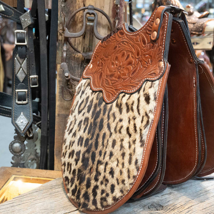 Vintage Real Leopard Hide Tooled Pommel Bags by John Clark Shakopee Minn.