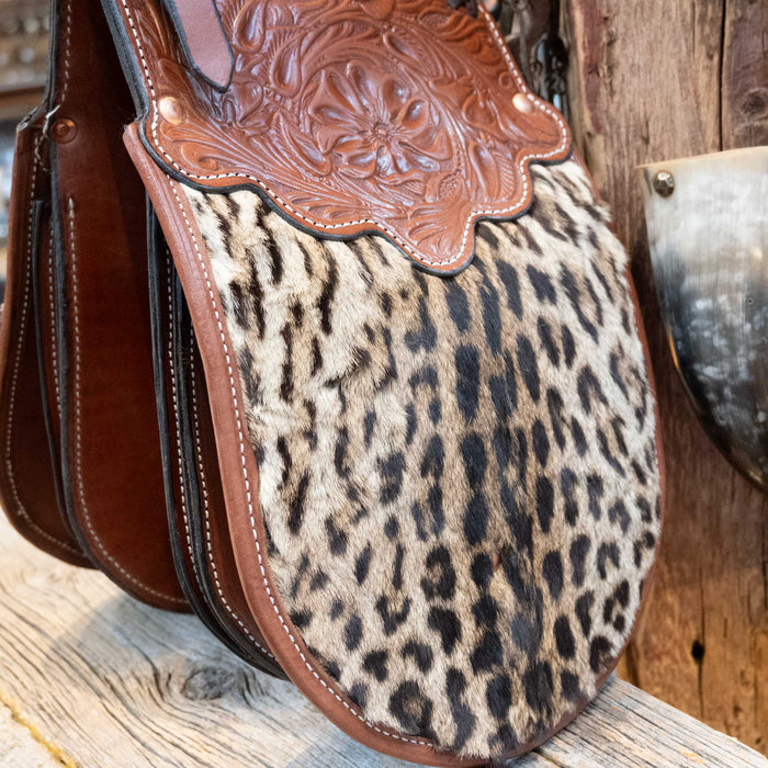 Vintage Real Leopard Hide Tooled Pommel Bags by John Clark Shakopee Minn.