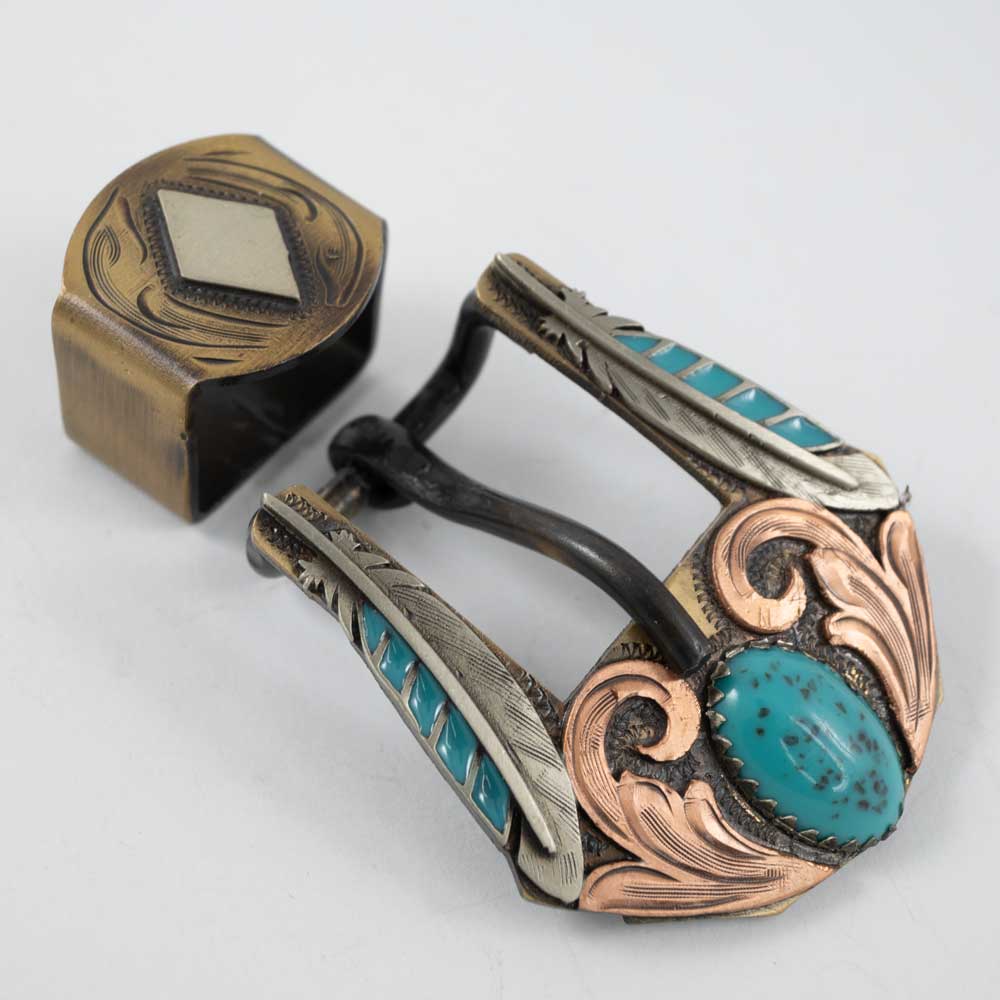 Turquoise Stone And Feather Buckle With Keeper Tack - Conchos & Hardware - Buckle MISC   