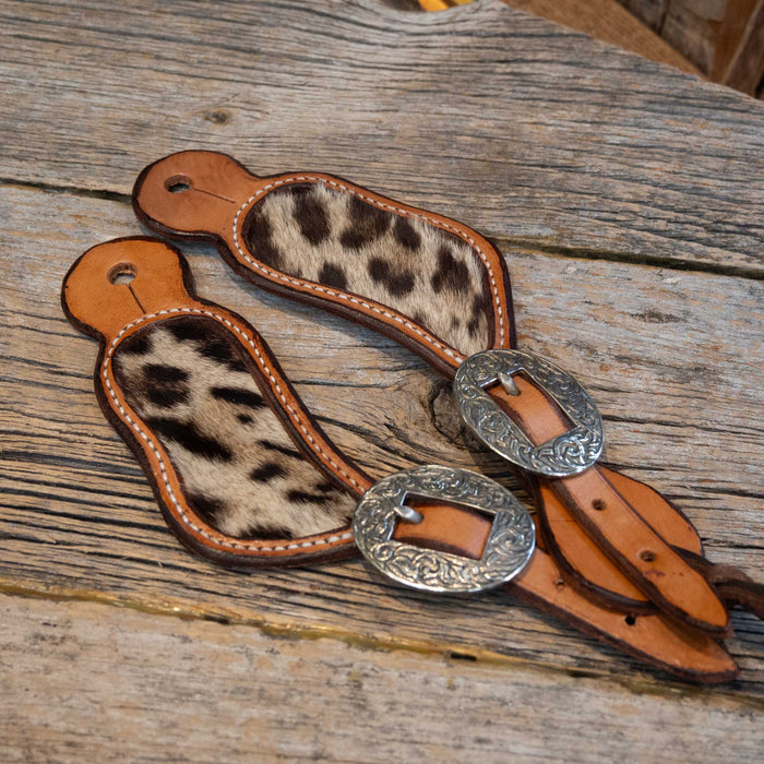 Vintage Real Leopard Hide Spur Straps by John Clark Shakopee Minn.