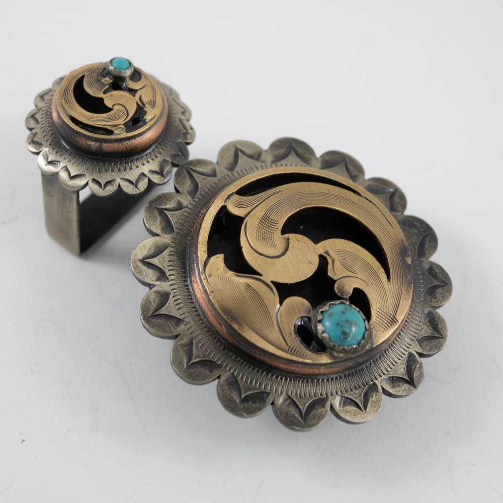 Scalloped Buckle With Turquoise Dots And Keeper Tack - Conchos & Hardware MISC   