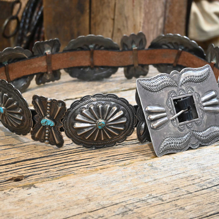 Antique Concho Belt Size 28" Sterling and Turquoise Stones