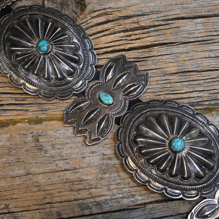 Antique Concho Belt Size 28" Sterling and Turquoise Stones