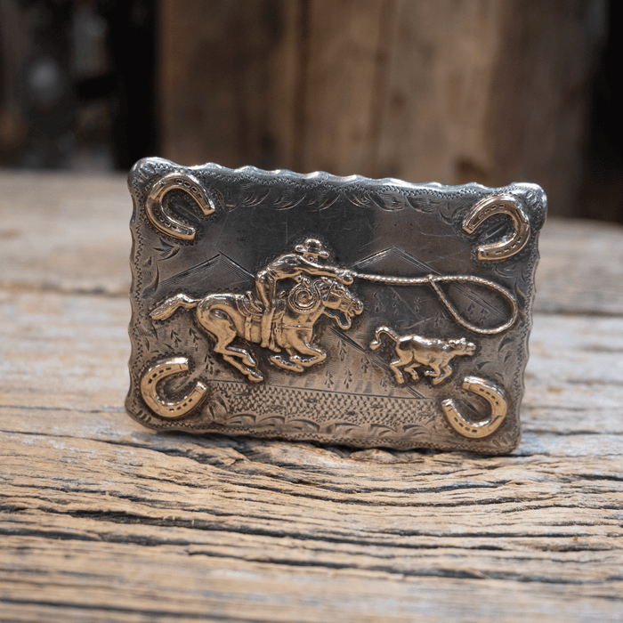 Renalde 1950's/60's Sterling Silver & 10K Gold Calf Roping Trophy Belt Buckle