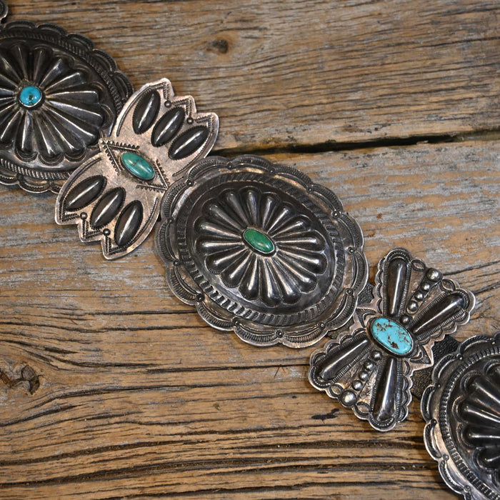 Antique Concho Belt Size 28" Sterling and Turquoise Stones