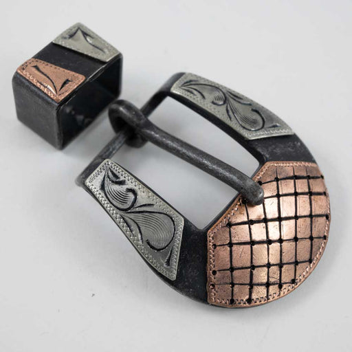 Antique Buckle With Silver And Copper Engraving And Keeper Tack - Conchos & Hardware MISC   