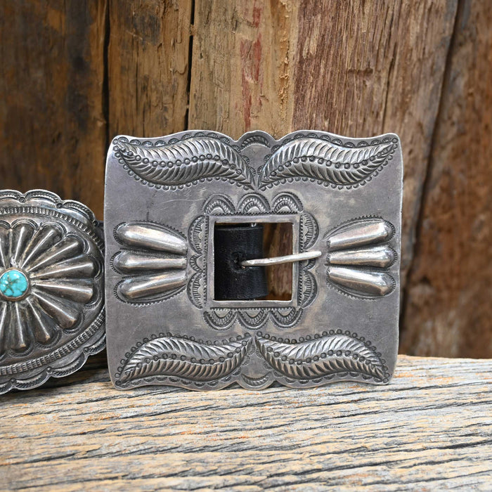 Antique Concho Belt Size 28" Sterling and Turquoise Stones