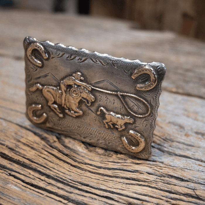 Renalde 1950's/60's Sterling Silver & 10K Gold Calf Roping Trophy Belt Buckle
