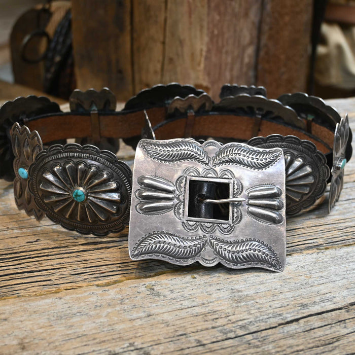 Antique Concho Belt Size 28" Sterling and Turquoise Stones
