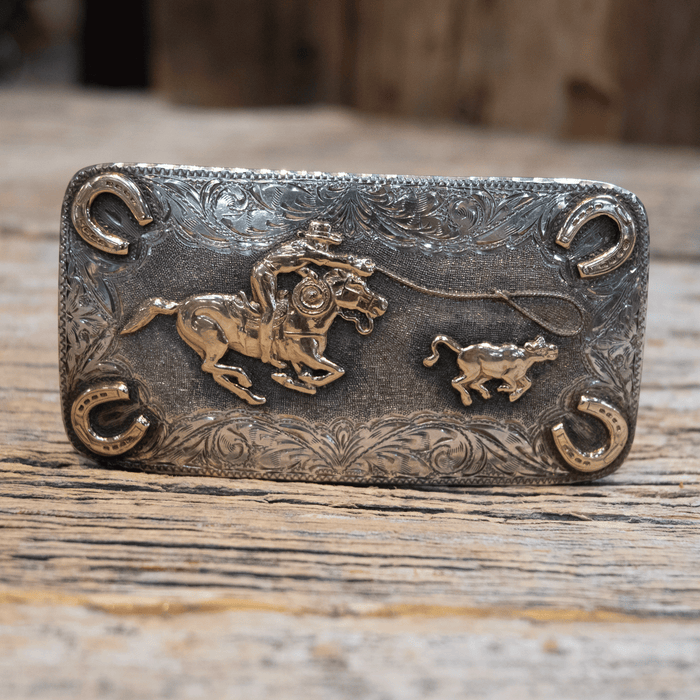 Renalde 1950's/60's Sterling Silver & 10K Gold Calf Roping Trophy Belt Buckle