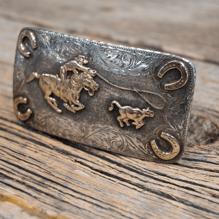 Renalde 1950's/60's Sterling Silver & 10K Gold Calf Roping Trophy Belt Buckle