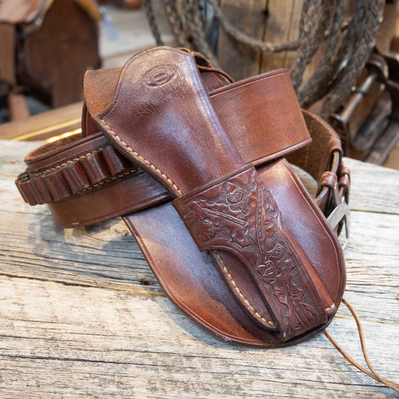 Vintage Texas Handmade Acorn Tooled Holster with Ammo Belt Collectibles Texas Made