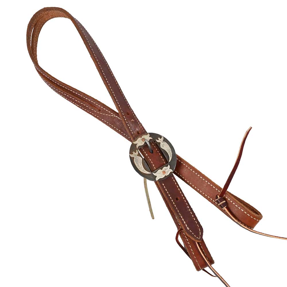Slit Ear White Stitching Headstall with Handmade Silver and Black Buckle AAHS0027 Tack - Headstalls MISC   