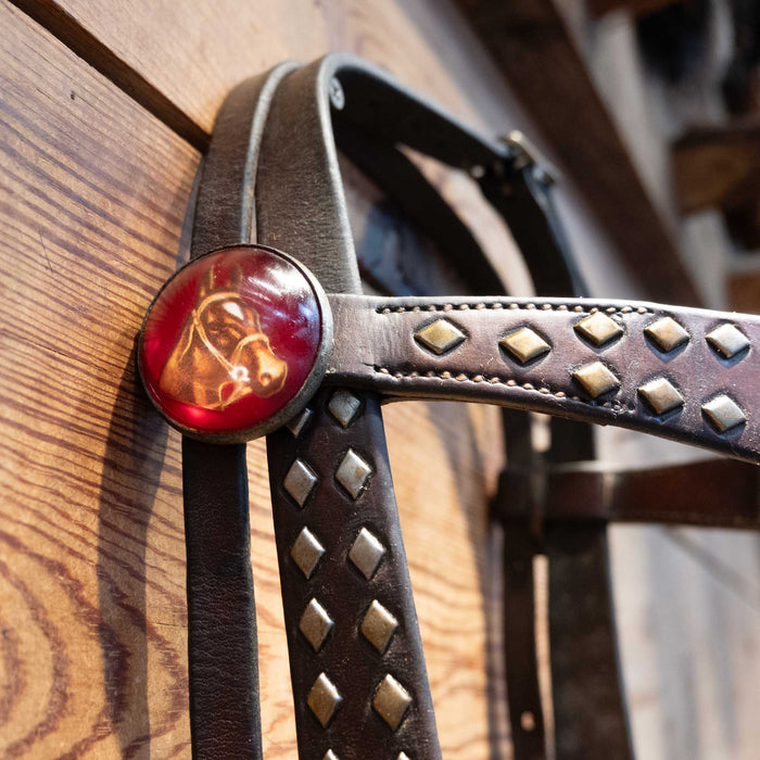 Vintage Bridle Accented w/ Copper Diamond Dots & Red concho buttons Tack - Rigs MISC