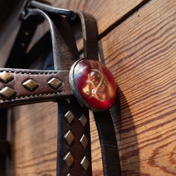 Vintage Bridle Accented w/ Copper Diamond Dots & Red concho buttons Tack - Rigs MISC