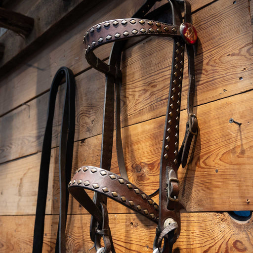 Vintage Bridle Accented w/ Copper Diamond Dots & Red concho buttons Tack - Rigs MISC