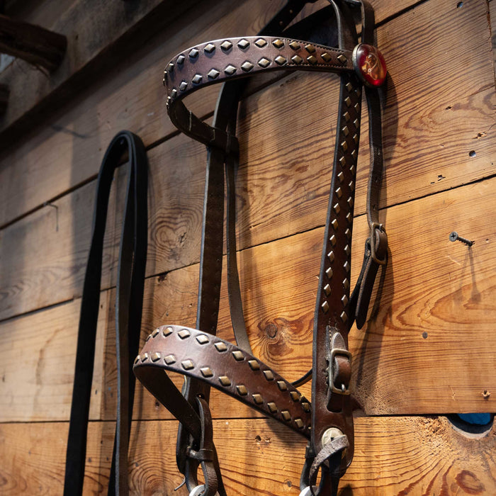 Vintage Bridle Accented w/ Copper Diamond Dots & Red concho buttons Tack - Rigs MISC