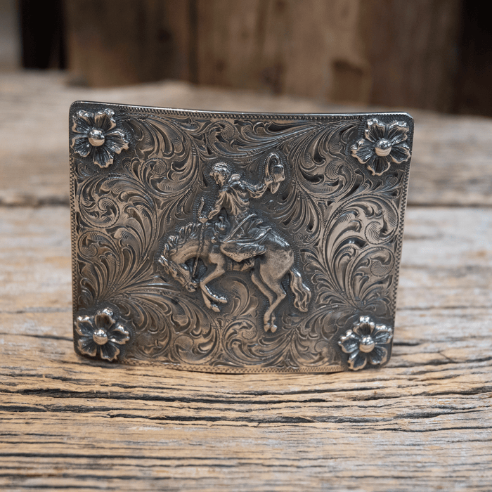 Ahmad Khan Hollywood Calif. Sterling Bronc & Flowers Belt Buckle