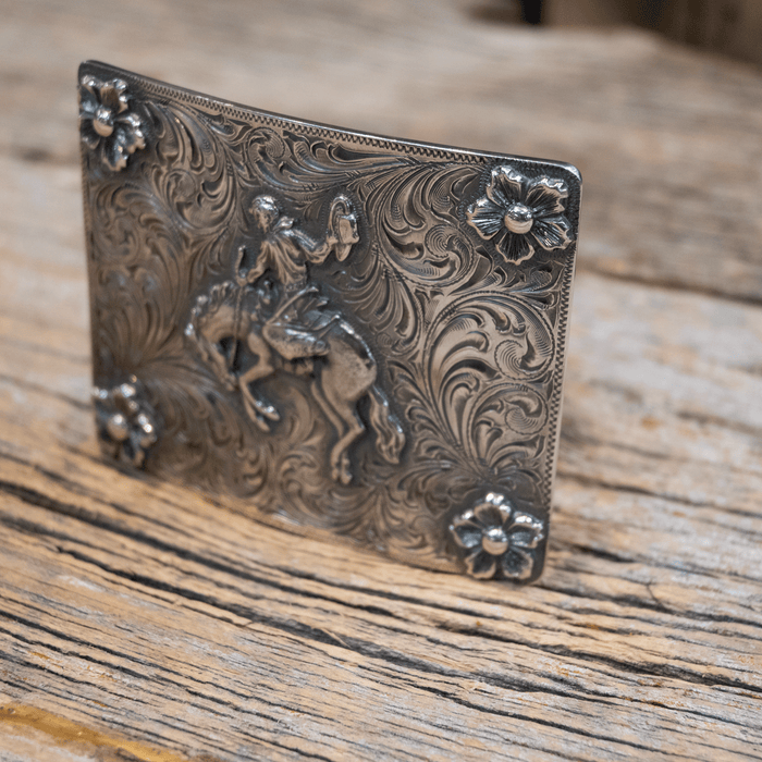 Ahmad Khan Hollywood Calif. Sterling Bronc & Flowers Belt Buckle