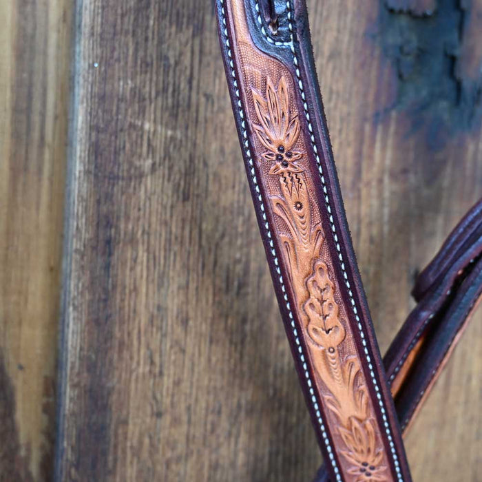 Ross Bullinger 5/8" Tooled Pointsetta Split Ear Headstall 068 Tack - Headstalls Ross Bullinger