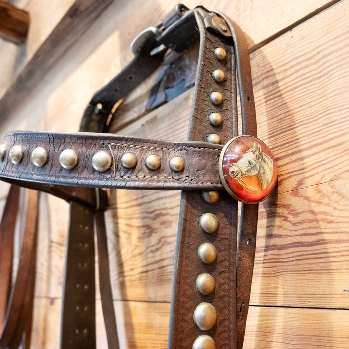 Vintage Brass Dotted Bridle w/Cavesson & Silver engraved Port Bridle Tack - Rigs MISC