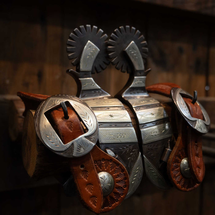 JD MOSS Silver Mounted Spurs w/ Spade Buckles #264