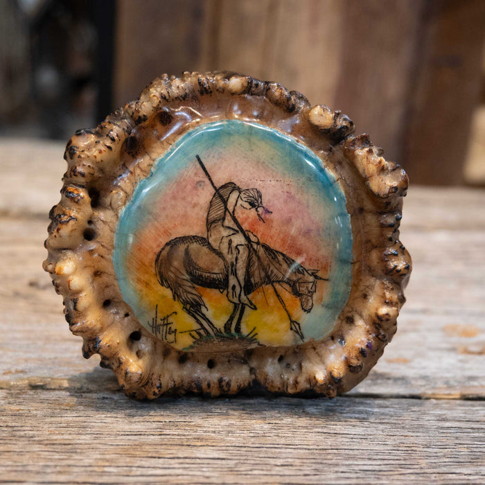 Hand Painted Horseback Indian Belt Buckle Carved from Elk Button