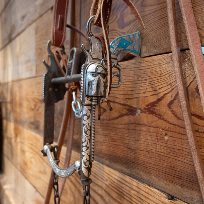 Pistol Shaped Shank Solid Port Bridle Rig w/ Inlaid Turquoise