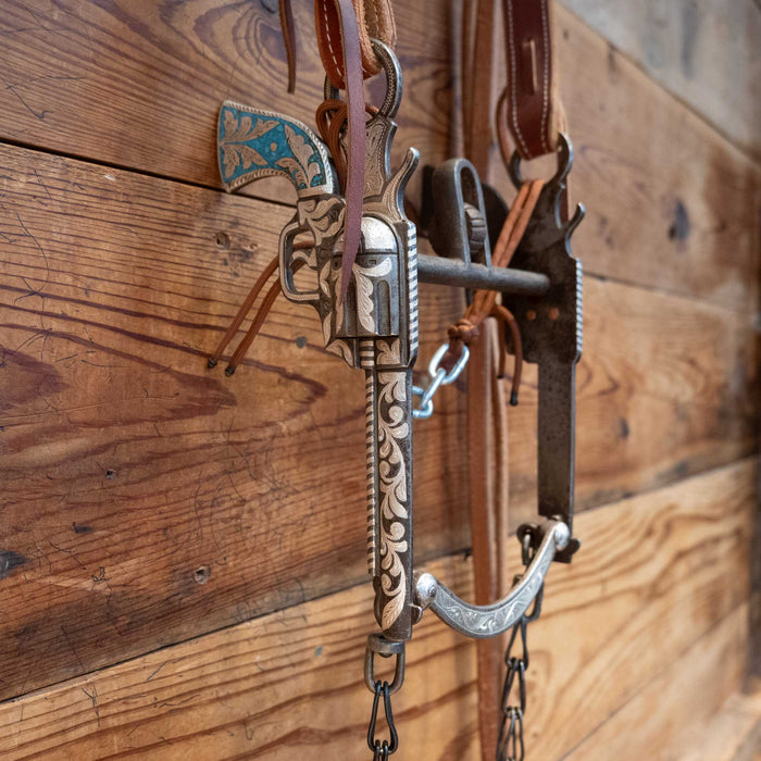 Pistol Shaped Shank Solid Port Bridle Rig w/ Inlaid Turquoise