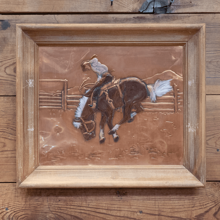 Vintage Embossed Framed Copper Artwork Bucking Cowboy