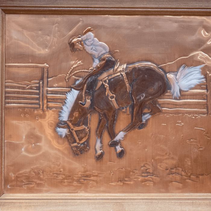 Vintage Embossed Framed Copper Artwork Bucking Cowboy