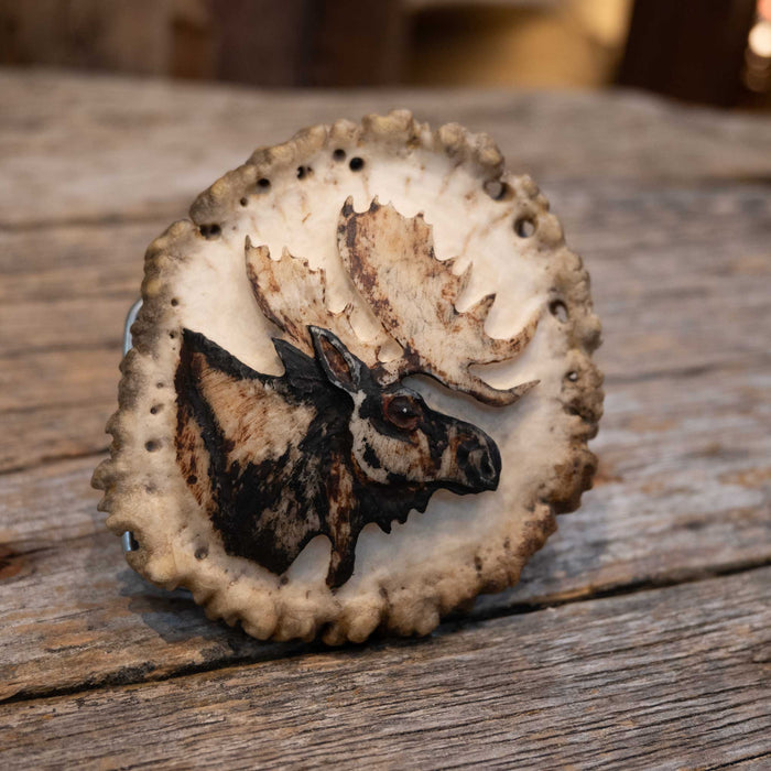 Vintage Moose Belt Buckle Carved from Elk Button