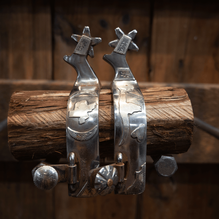 Ricky Trammel Silver Texas and Longhorn Mounted Spurs 5 pt Rowels