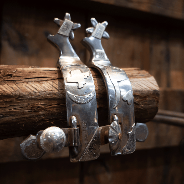 Ricky Trammel Silver Texas and Longhorn Mounted Spurs 5 pt Rowels