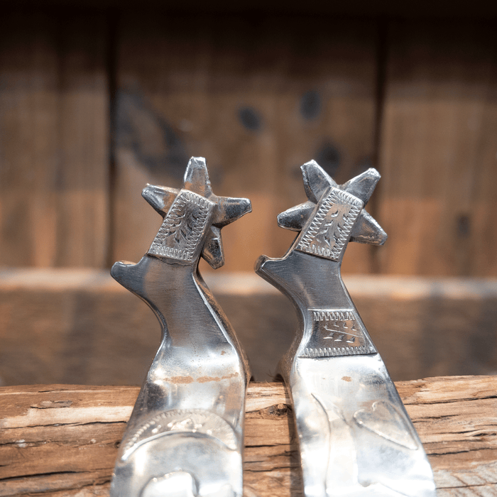 Ricky Trammel Silver Texas and Longhorn Mounted Spurs 5 pt Rowels