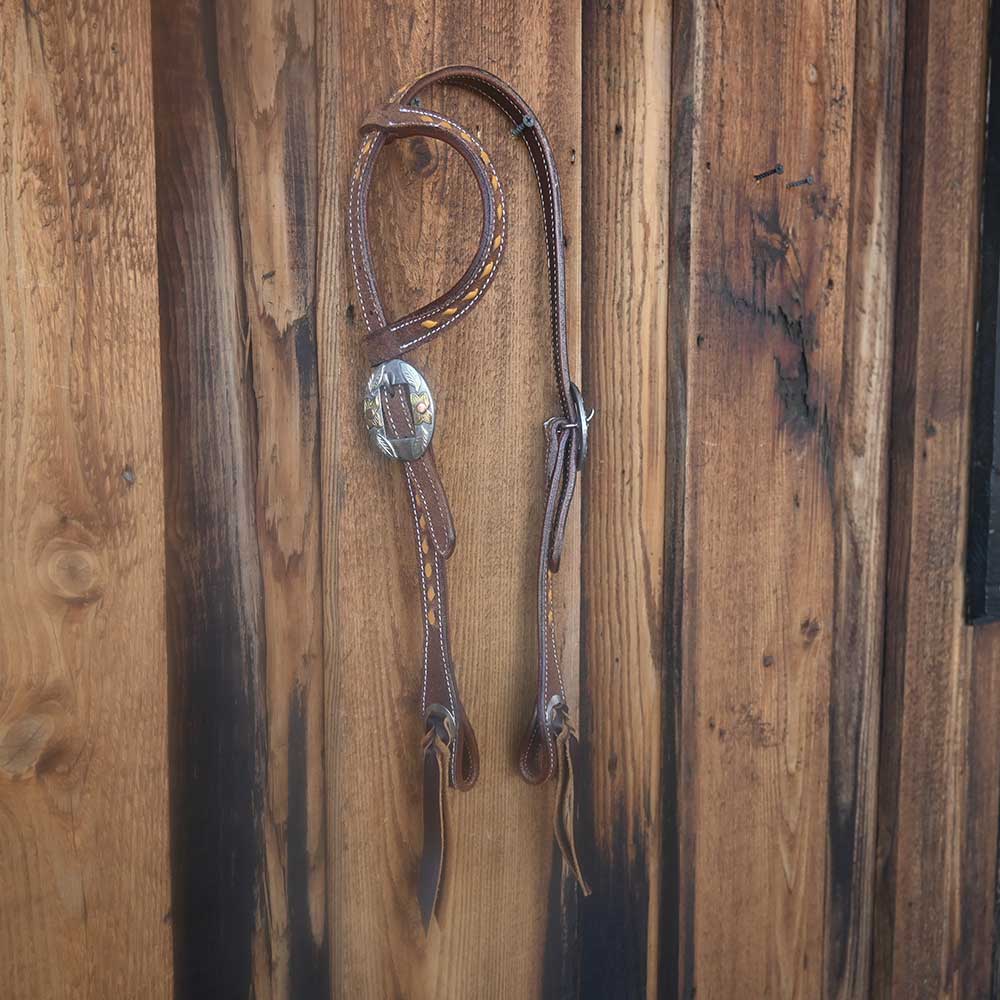 Nice Single Ear Headstall with Yellow Buckstitch and Double Conchos  AAHS054 Tack - Headstalls Teskey's   