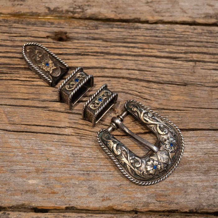 Vintage Vogt 4-pc Sterling Silver w/ 14k Gold Fill Belt Buckle Set with Blue Stones