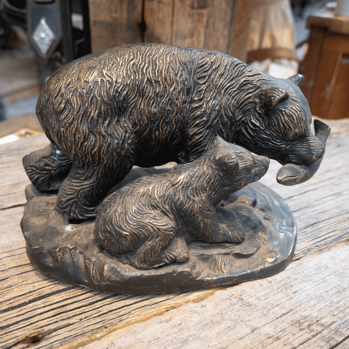 Vintage Cast Bear & Cub catching salmon