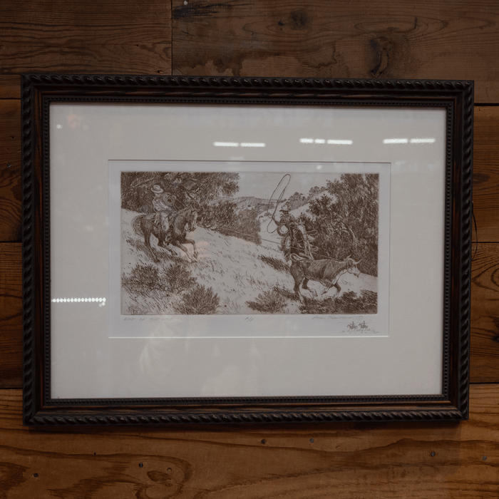 "End of the Line" etching By Phil Tognazzini 4th generation Cowboy Cayucos, Calif