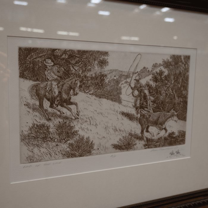 "End of the Line" etching By Phil Tognazzini 4th generation Cowboy Cayucos, Calif
