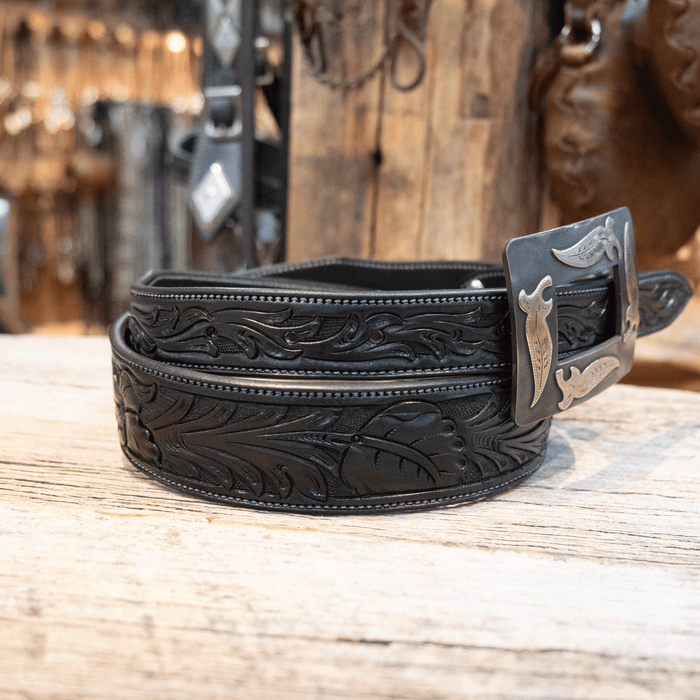 Adam Lahey 36" Black Floral Tooled Belt